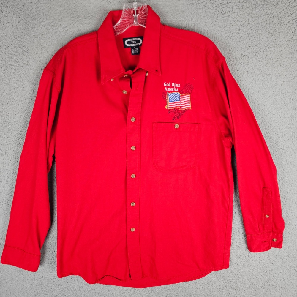 Three Rivers Button Down Mens M Red God Bless America Eagle Flag Patriotic Shirt
